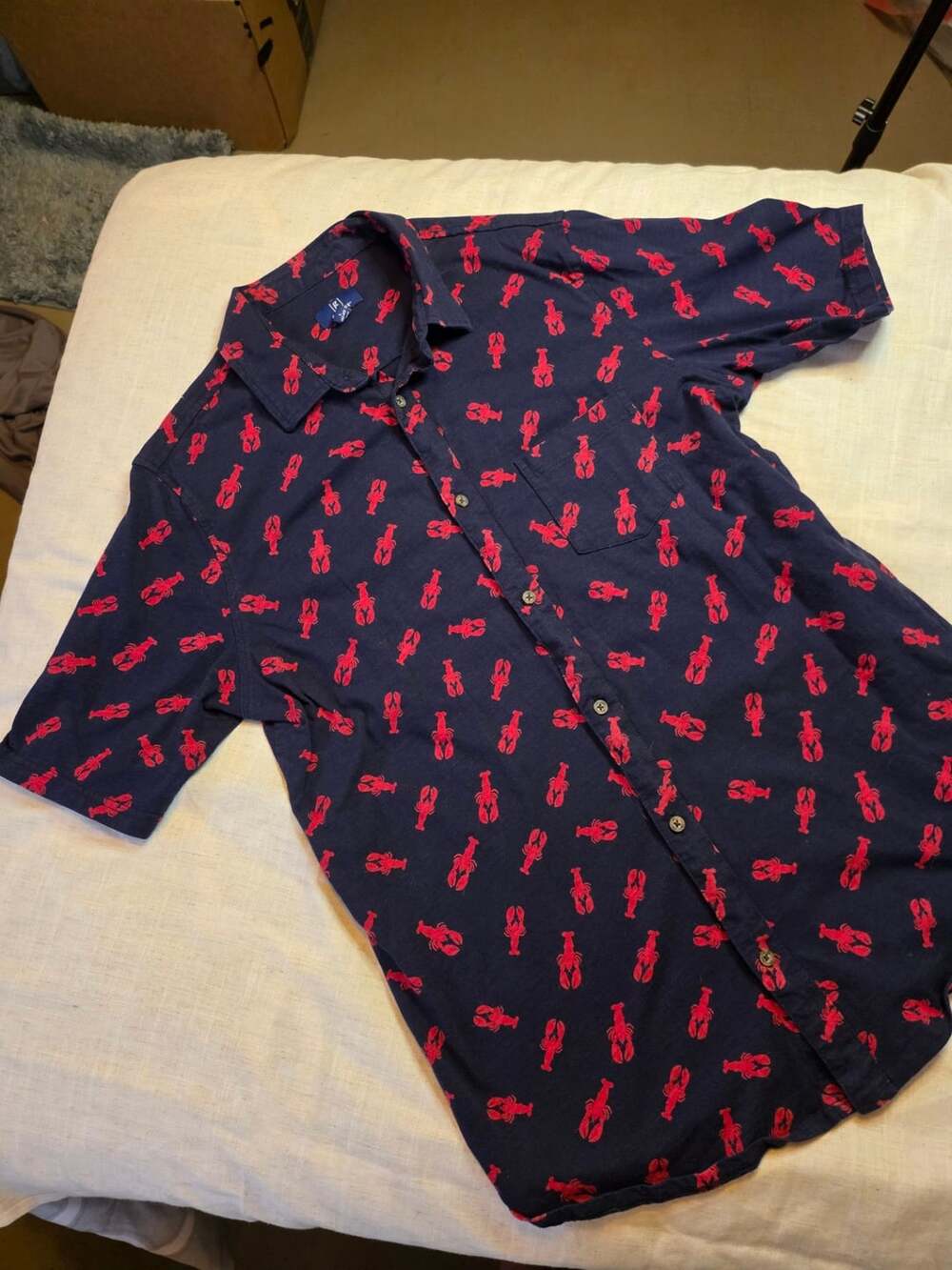 George Navy Blue Lobster Print Short Sleeve Button-Down Shirt Men's Size L (42-4